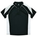 A black and white polo shirt featuring short sleeves, a collared neckline, and a logo on the chest.