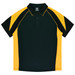 A black and yellow polo shirt featuring a collar and short sleeves, with a logo on the front.