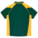 A polo shirt in green and yellow with a logo, featuring a sporty design and short sleeves.