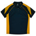 A navy and gold polo shirt featuring contrasting sleeves and a collar, with a logo on the label.