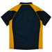 A polo shirt featuring a dark green body with yellow sleeves and a logo on the front.