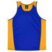 A blue and gold singlet featuring a logo. The design has contrasting coloured panels.