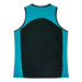 A singlet featuring a black body with turquoise accents, designed for women's activewear. It has a logo on the front.