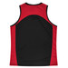A red and black singlet with a curved design on the back and a small logo.