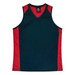 A dark blue singlet with red sides and a V-neck design, featuring a logo on the inside collar.