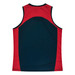 A sleeveless shirt in navy blue with red accents, featuring a logo on the back.