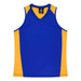 A blue and yellow singlet with a v-neck design, featuring branding on the inside label.