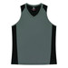 A grey singlet with black side panels and a v-neck design, featuring a logo on the inside label.