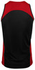 A black and red men's singlet with a smooth fabric featuring a logo on the back.