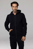 A men's zip hoodie in navy blue, featuring a hood and front pockets, with a logo on the chest.