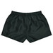 Dark green rugby shorts with an elastic waistband and a smooth, shiny fabric. Features a logo on the side.