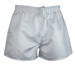 White rugby men's shorts featuring an elastic waistband and a drawstring, with a logo on the front.