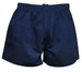 Navy blue rugby men's shorts with an elastic waistband and drawstring, featuring a logo.
