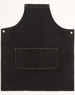 A dark denim bib apron featuring a front pocket and metal eyelets. It has a simple, durable design suitable for work.