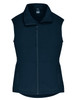 A navy blue vest with a zip front and pockets, featuring a high collar and a branded logo.