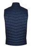 A navy blue men's vest with a quilted design, featuring a high collar and no sleeves. It includes a logo.