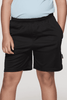 Black sports shorts designed for kids, featuring an elastic waistband and side pockets. Includes a branding logo.