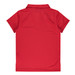 A red polo shirt with a collar and short sleeves, featuring a logo on the back.