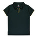 A dark green polo shirt with a yellow accent, featuring a collar and short sleeves, and a logo.