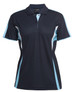 A navy polo shirt for women with light blue and white accents, featuring a collar and a logo.