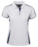 A white polo shirt for women with navy blue accents and a logo on the collar.