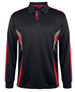 A black and red long-sleeve polo shirt with a structured design and a logo.