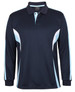 A dark navy long-sleeve polo shirt featuring light blue accents and a branding logo.