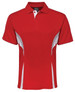 A red polo shirt with white side panels and a collar. Features a logo on the upper back.