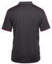 A black polo shirt with red detailing, featuring a branded logo on the back.