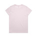 A plain light pink T-shirt with a round neckline and short sleeves, featuring a logo on the back.