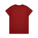 A red T-shirt with a plain back, featuring a logo on the neckline.