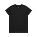 A black T-shirt featuring a round neckline and short sleeves, with a brand logo inside the collar.