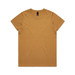 A short-sleeved, mustard yellow T-shirt with a simple design and a small logo on the tag.