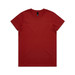 A red T-shirt featuring a round neckline and short sleeves, with a branding label on the inside.