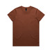 A brown t-shirt with a round neck and short sleeves, featuring a logo at the neckline.