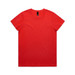 A red t-shirt with a round neckline and short sleeves, featuring a logo on the label.