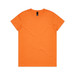 An orange T-shirt with a round neckline and short sleeves, featuring a logo on the tag.