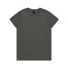 A plain dark grey t-shirt with a round neckline and short sleeves, featuring a logo on the label.