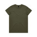 An olive green t-shirt featuring a round neckline and a branding label at the neckline.