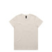 A plain beige t-shirt with short sleeves and a branding tag inside the collar.