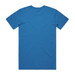 A blue T-shirt with short sleeves and a plain back, featuring a logo.