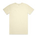 A plain cream T-shirt with short sleeves and a round neckline, featuring a logo on the back.