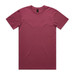 A maroon T-shirt with a round neck and short sleeves, featuring a logo in the neckline area.