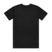 A plain black T-shirt with a round neck and short sleeves. It features a logo on the label.