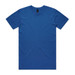 A blue t-shirt displayed flat, featuring a simple design and a logo at the neckline.