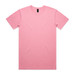 A pink T-shirt with a crew neck and short sleeves, featuring a logo on the label.