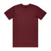A maroon T-shirt with short sleeves and a round neckline, featuring a logo on the inside label.