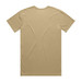 A plain beige T-shirt with a crew neck and short sleeves, featuring a logo on the back.