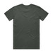 A plain dark green T-shirt with a standard crew neck and short sleeves, featuring a logo on the back.