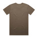 A plain brown T-shirt featuring a crew neck and short sleeves, with a logo on the back.